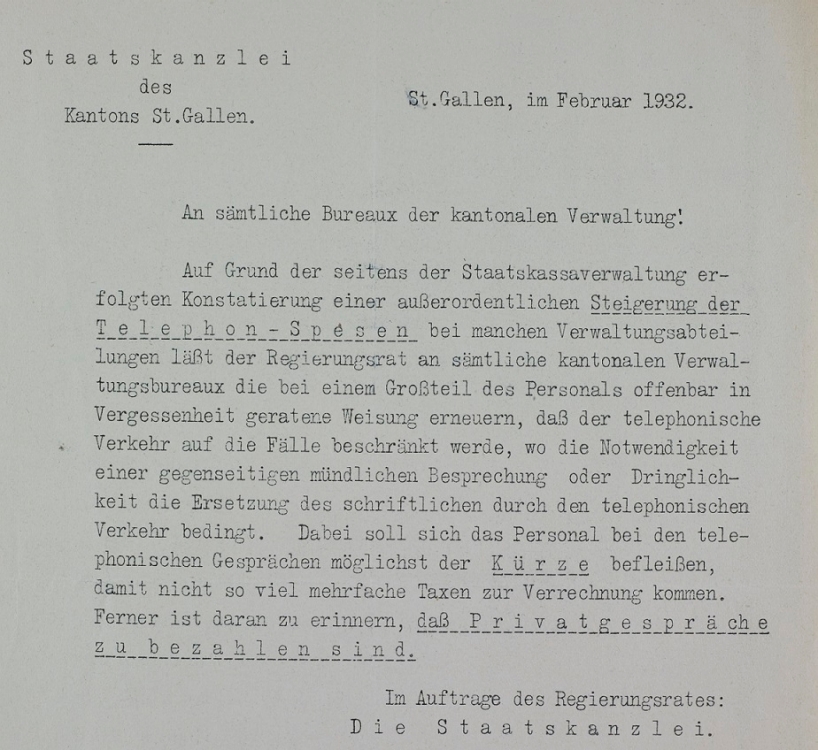 Staatskanzlei St.Gallen: Kreisschreiben an sämtliche Bureaux der kantonalen Verwaltung, Februar 1932 (StASG A 430/7.070)